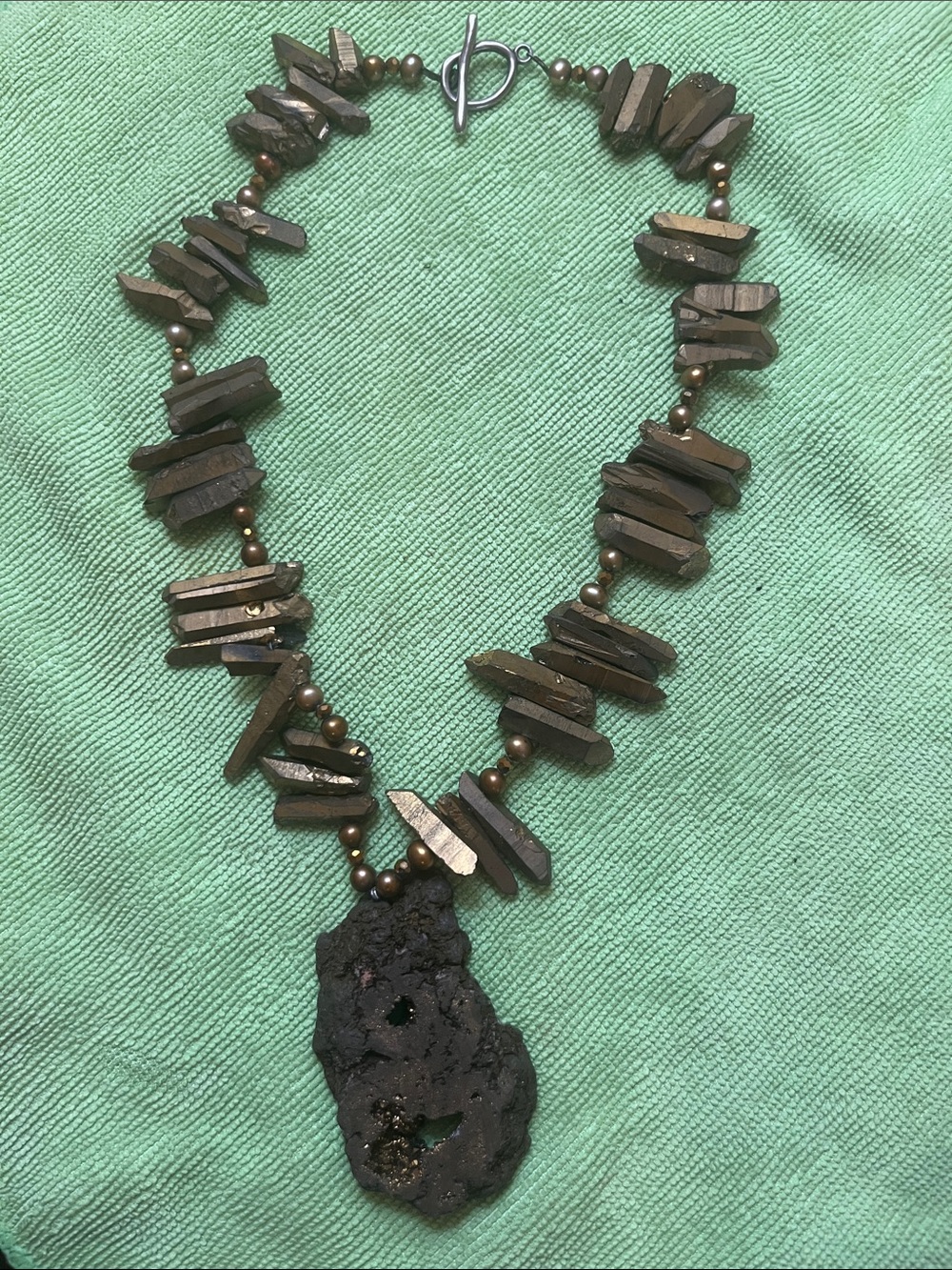 Brown Raw Stone Pendant Necklace with Metallic Bead Accents